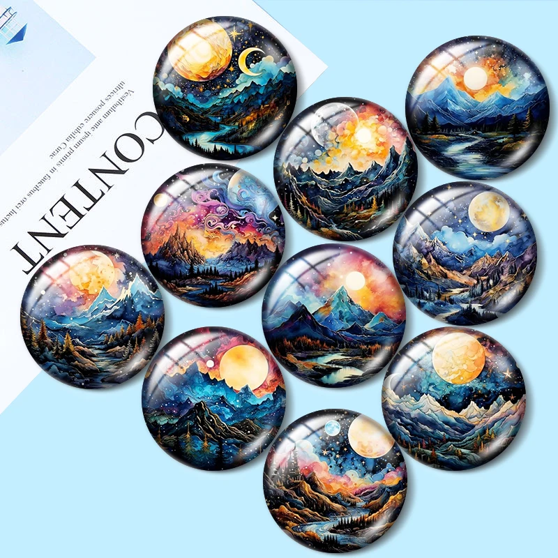 

Watercolor Galaxy Moon 10pcs 12mm/18mm/20mm/25mm Round photo glass cabochon demo flat back Making findings