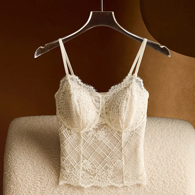 Comfort French Lace Halter Camisole for Women, Padded Bra, Slim Fit Beauty Back, Soft Inner & Outer Wear White Basic Tank Top