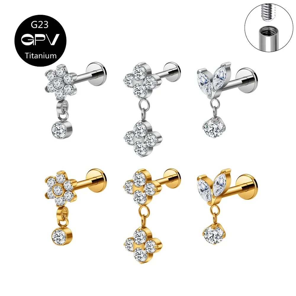 

2PCS G23 F136 Titanium Flower CZ Ear Cartilage Nail Electroplated 18K Gold Ear Nail Women's Perforated Jewelry