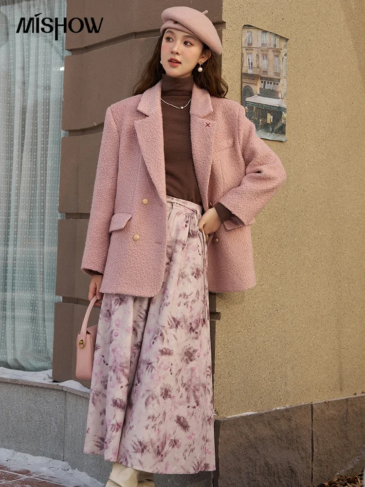 MISHOW Wool Blend Pink Coat Women 2023 Autumn Winter Thick Vintage Bouclé Woolen Blazer Warm Double Breasted Jacket MXC54W0133