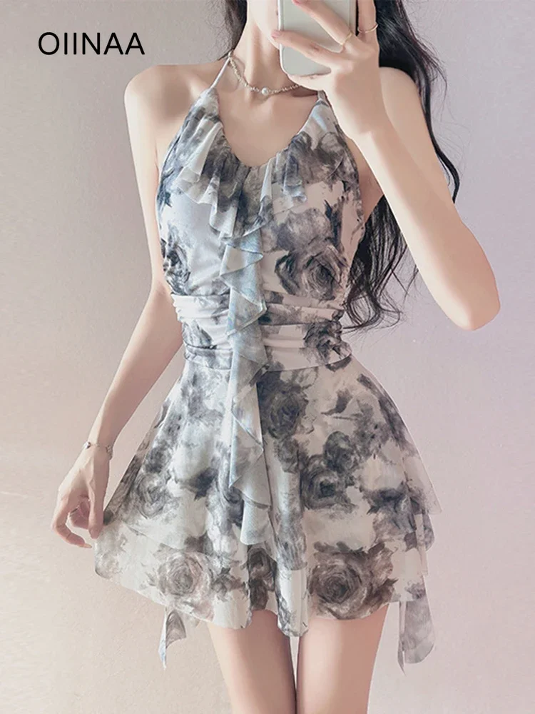 

OIINAA купальник с открытой спиной, женский купальник с лямкой на шее, сетчатый принт, бикини, корейский сексуальный горячий весенний купальник, лето 2025, новый модный купальник, платье