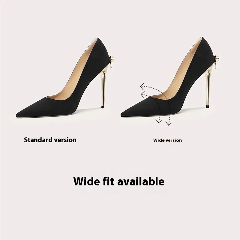 Spring and autumn new suede pointed shallow bow single shoes slender high-heeled banquet dress large size small size women shoes