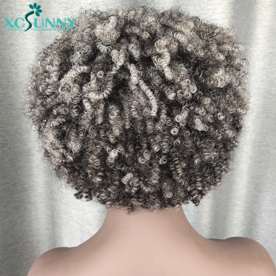 Peluca rizada Afro con flequillo para mujeres negras, cabello humano gris, corto, Bob, resaltado, 200 de densidad