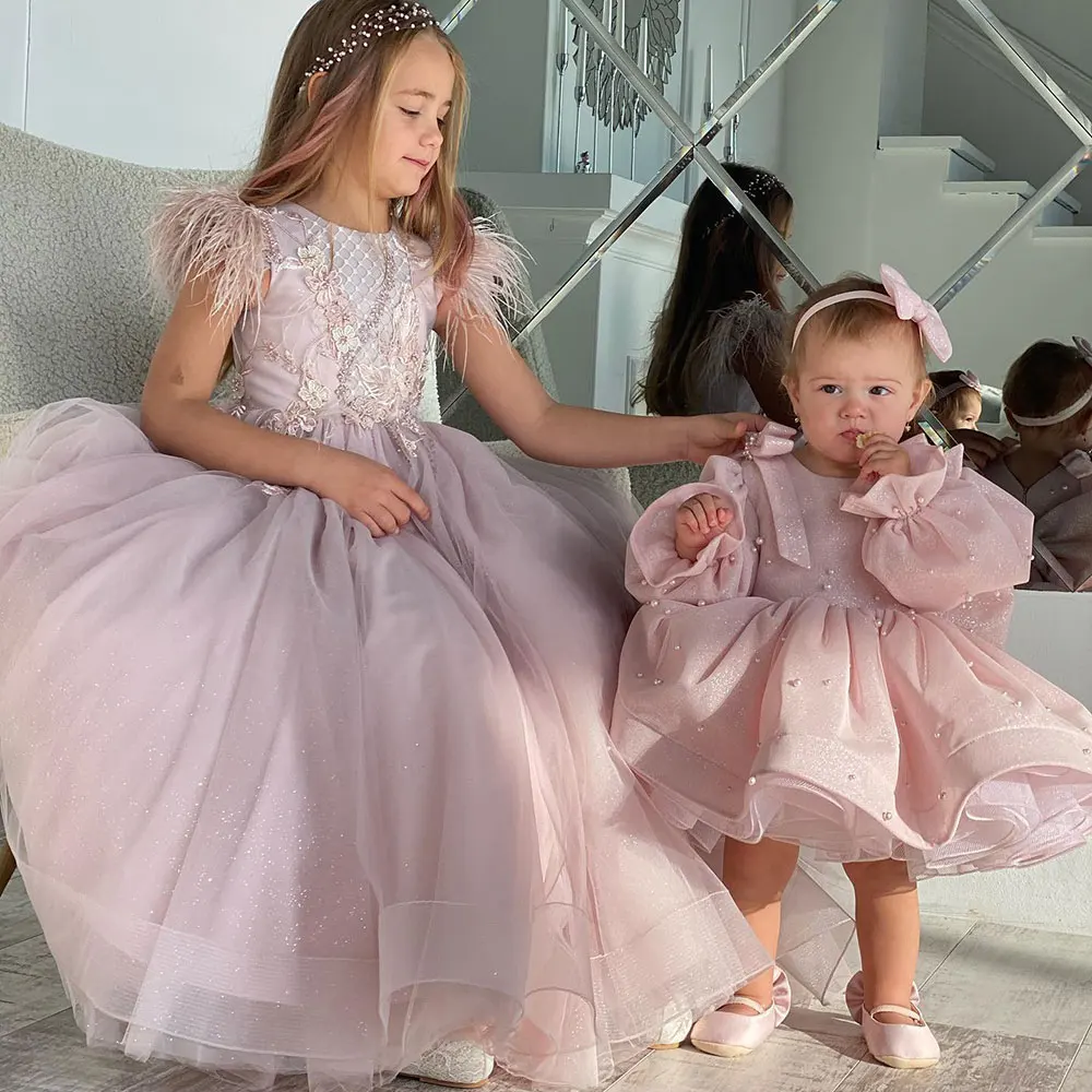 

Pink Shining Flower Girl Dress For Wedding Pearls Full Sleeves Bow Puffy Baby Kids Birthday First Communion Party Ball Gown