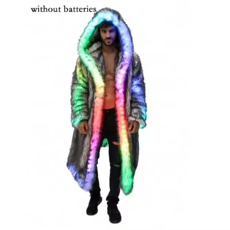 New LED Faux Fur Coat for Men Hooded Comfortable Thickened Winter Coat Multi-Scene Personalized LED Stage Party Costume