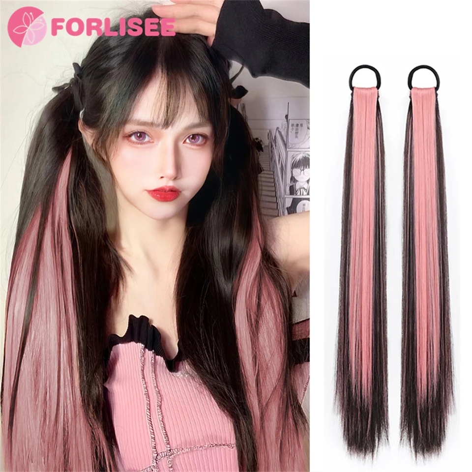 FORLISEE Synthetic Wig Ponytail Braid Long Straight hair Natural Strap Type Highlights Pigtail Wig Can Be Tied With Low Ponytail