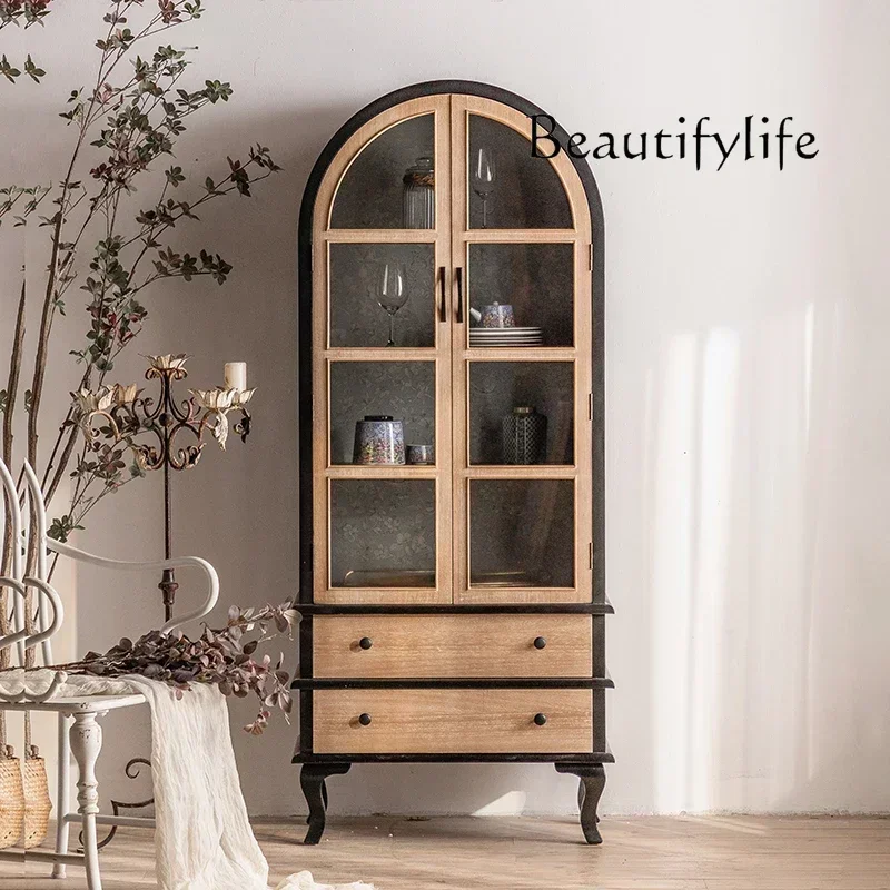 A French retro solid wood two-door bookcase, living room glass display case, floor-to-ceiling bookcase with drawers against the