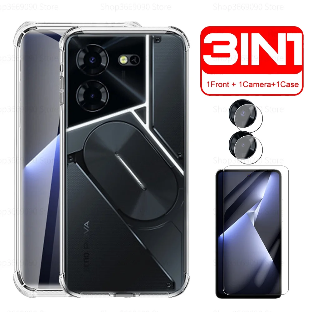 3in1 Anti-shock Clear Cover For Tecno Pova 5 ProCase tempered glass TecnoPova 5 Pro 5Pro Pova5Pro 5G Camera Film Silicone Shell