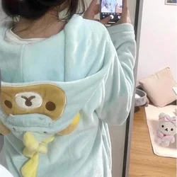 Kawaii Cartoon Rilakkuma Coral Velvet Pajamas Winter Women Plush Thickened Home Clothing Cute Anime Long Sleeve Sleepwear Set