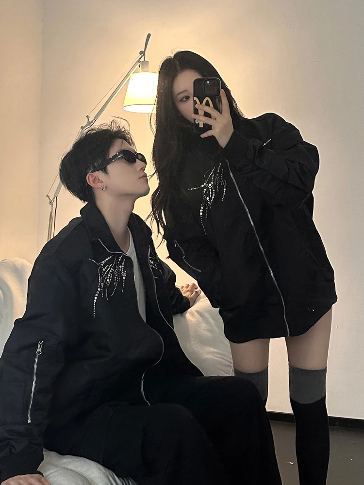 American High Street Men's Baseball Jacket Spring Autumn Design Sense Rivet Wings Cool Pilot Couple Jacket Loose Fit Turn-Dow...