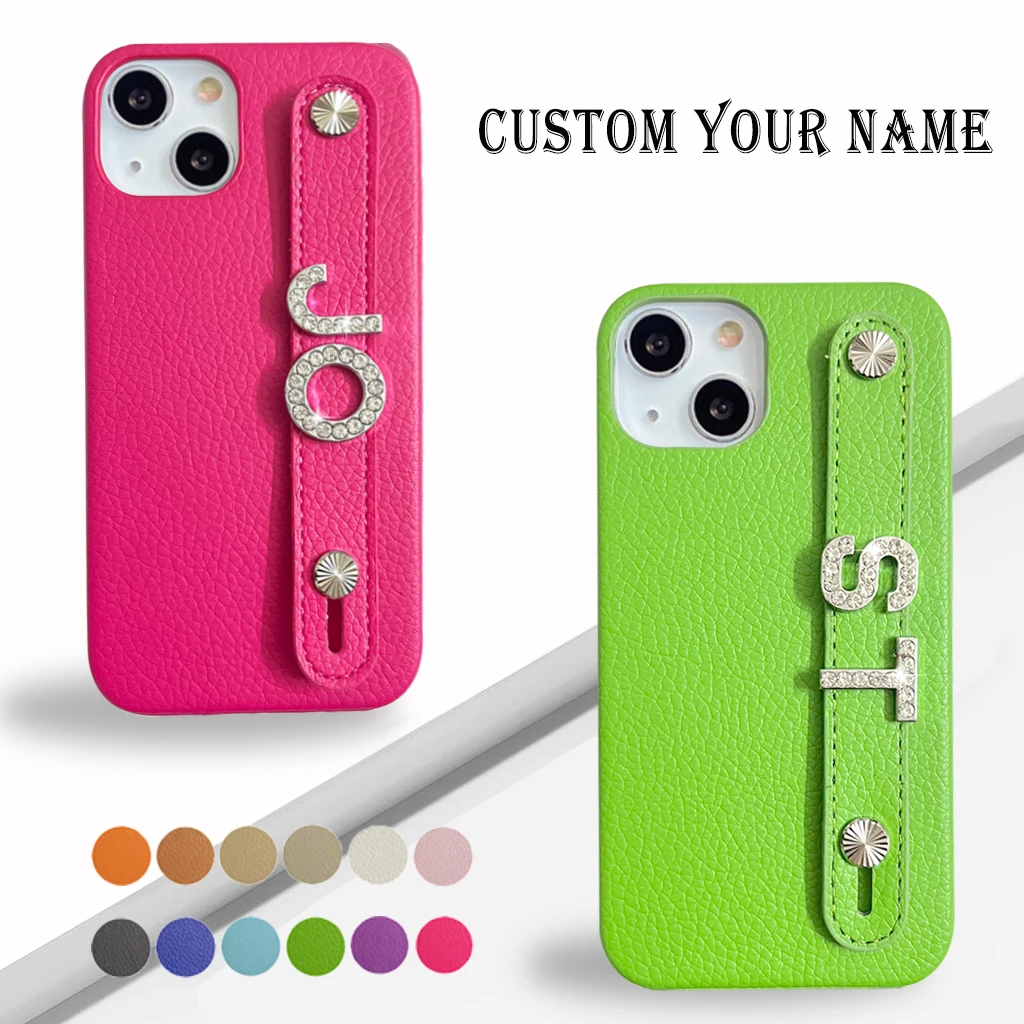 Luxury Personalised Custom Name Silver Diamond Letter Leather Phone Case For Iphone 13 12 11 Pro Max Mini 7 8 Plus X XS Se Cover