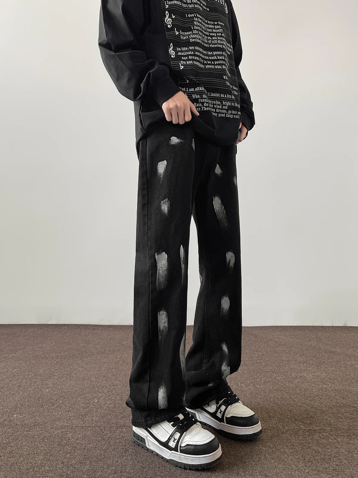 العصرية كبيرة الحجم الصباغة رذاذ رسمت واسعة الساق الجينز فضفاضة الرجال عادية مستقيم أنبوب بنطلون منخفضة الخصر سستة الربيع الشباب #3