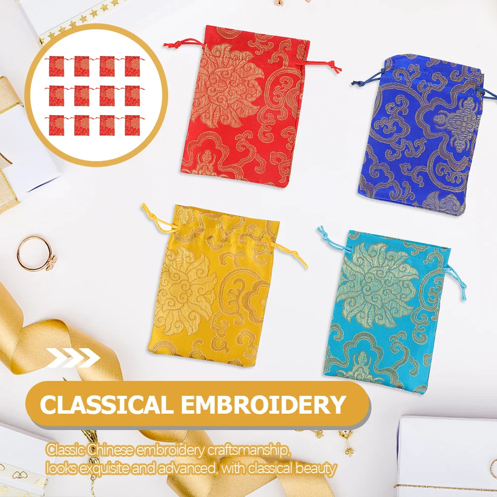 

12Pcs Gift Drawstring Bags Chinese Embroidery Cotton Linen Pouch for Wedding Party Favors Candy Jewelry Storage Small Gift Bags