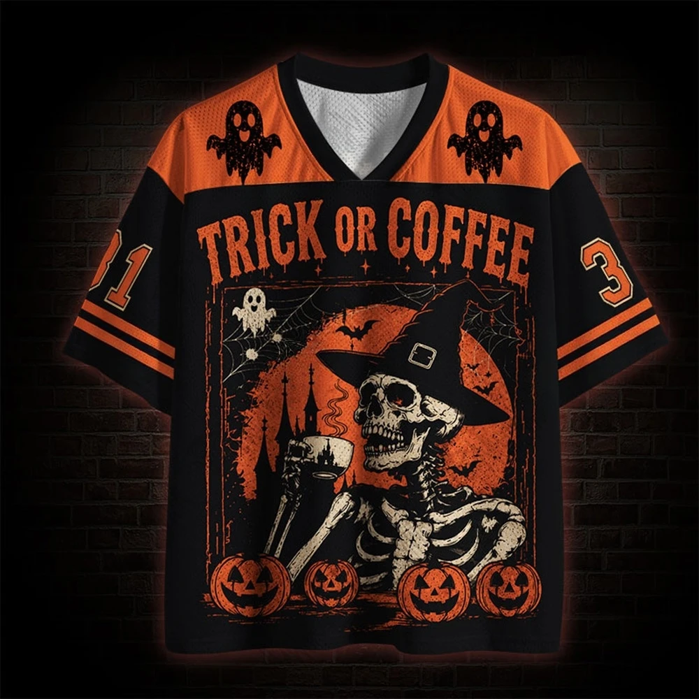 2026 Halloween Retro Gothic Dark Unisex Jersey,Vintage Skeleton Coffee Ghost Graphic,Adult and Kids Available,For Party Festival