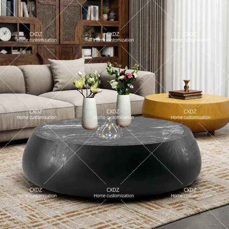 Modern Round Coffee Table with Marble Top and Black Oak Base High Gloss Piano Finish Solid Wood Multi Layer Living Room Tea