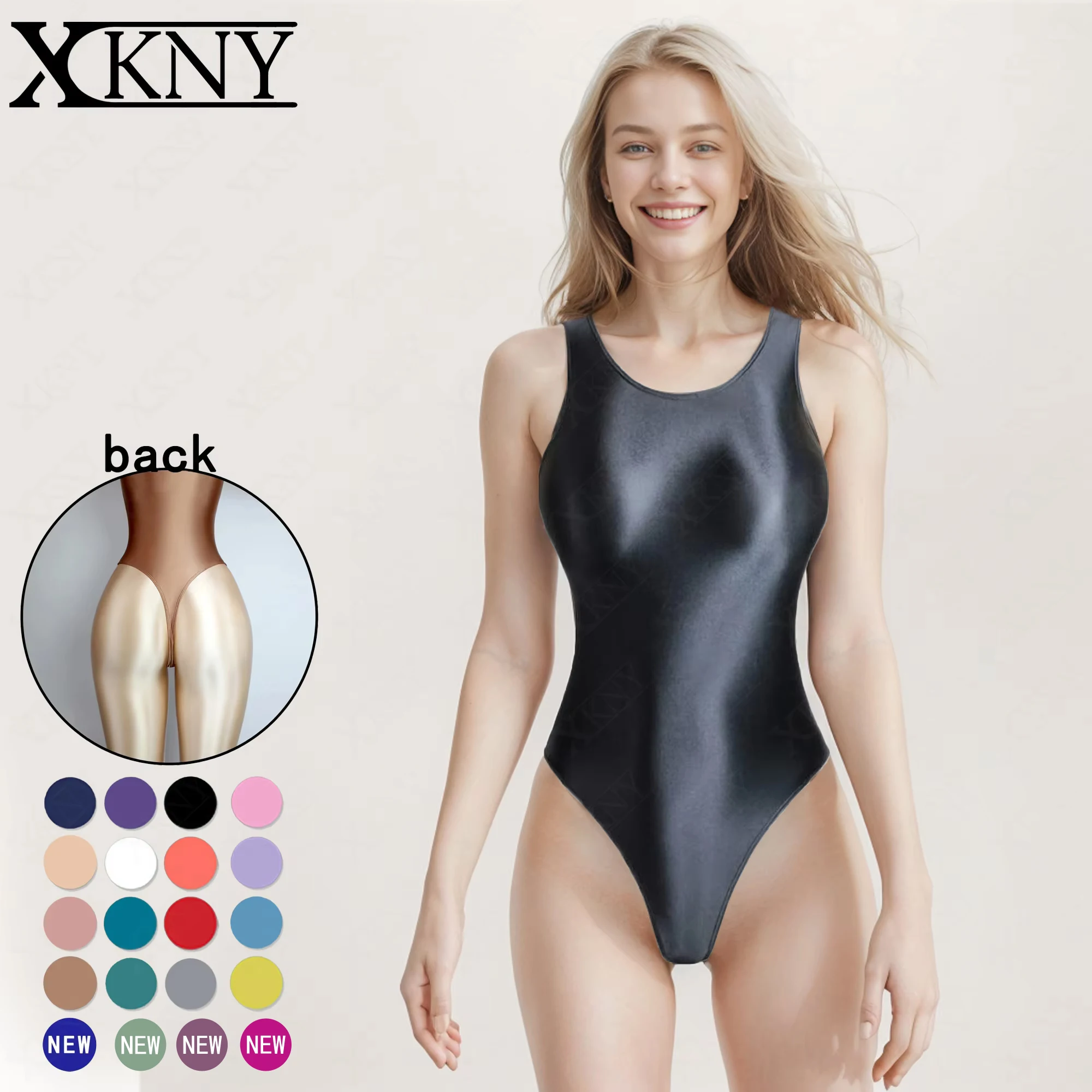 

XCKNY satin glossy swimsuit sexy tight oil shinny swimsuit one piece vest T-shaped suit oil silky swimsuit