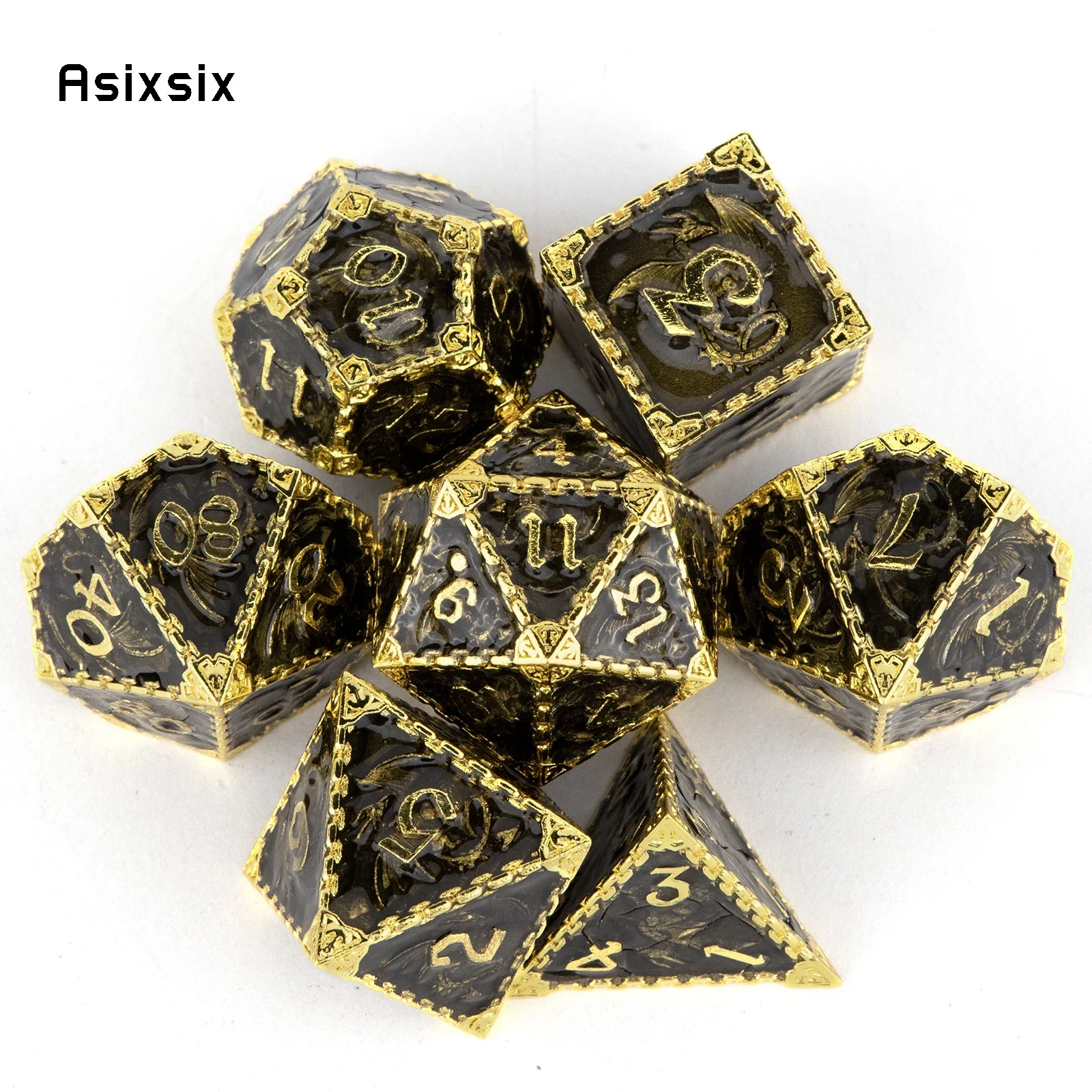 7 Pcs Black Golden Dragon Metal Dice Solid Metal Polyhedral Dice Set Suitable for Role-Playing RPG  Board Game Gift