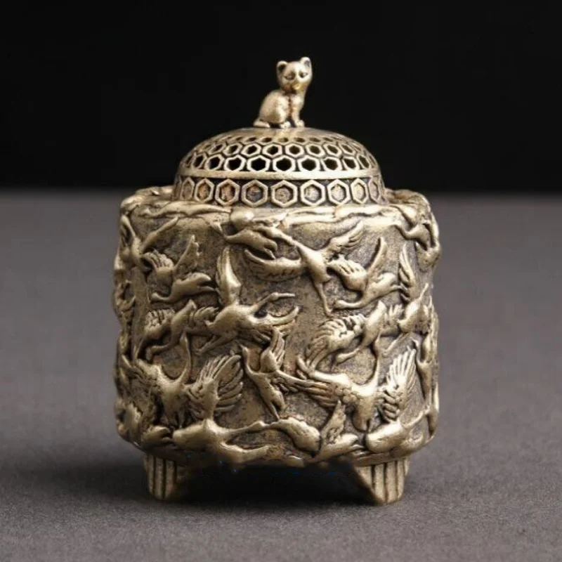 

Редкая китайская латунная старая курильница ручной работы, фигурка журавля и кошки