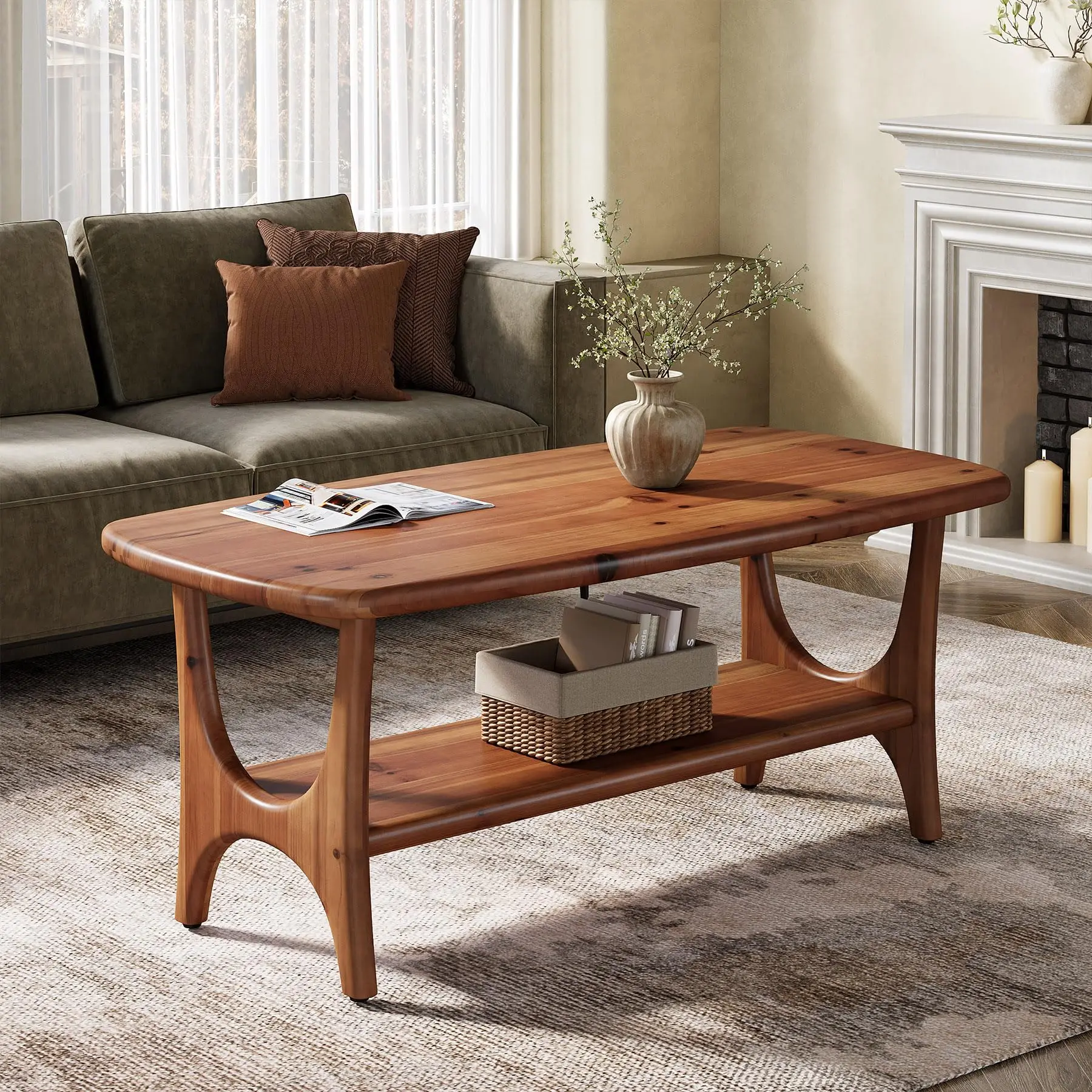 # Tribesigns 47 Inch Mid Century Modern Solid Wood Coffee Table 2 Tier Rectangle Center Table With Storage For Living Room Walnu