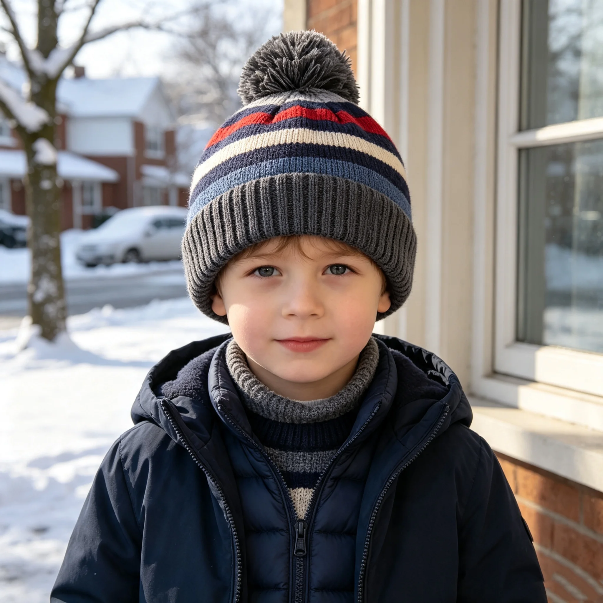 Gestreifte Pompon-Strickmütze für Kinder, warme Wollmütze für Jungen im Herbst und Winter, winddichte Outdoor-Mütze mit Umschlagrand, gestreifte Pullover-Mütze für Babys in verschiedenen Farben