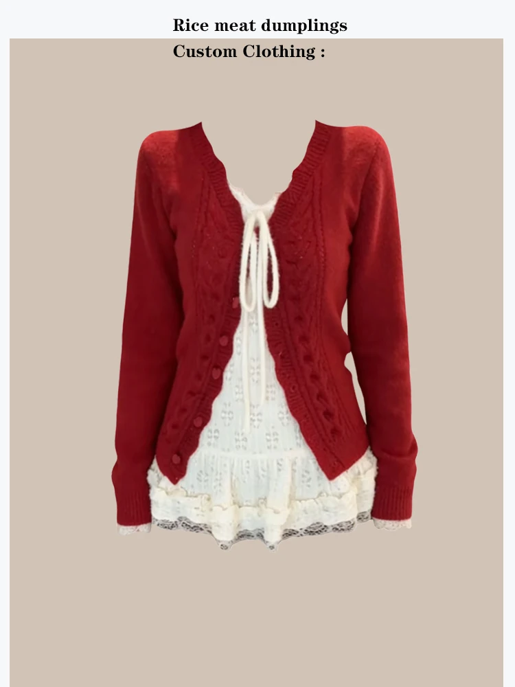 

Red Lace Sweater Coat Set V-Neck Tie-Dye Atmosphere Sensation Women's Fashion Outerwear Korean Style Loose Fit Winter Spring ...
