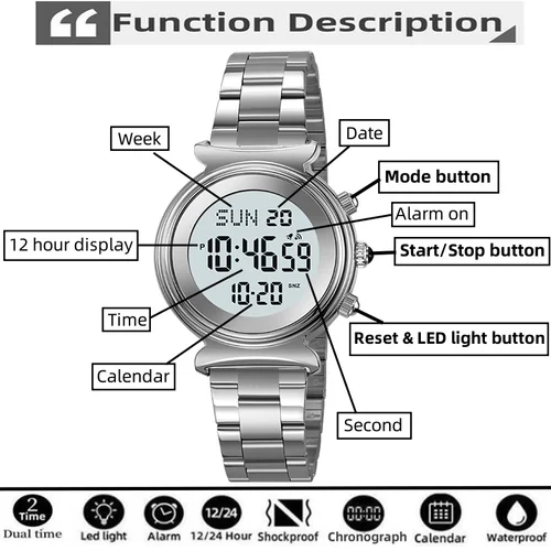 Imagen 2 del producto Relojes de pulsera Skmei de doble zona horaria para mujer, correa de acero de lujo, cronómetro LED resistente al agua, reloj de pulsera Digital de moda para mujer