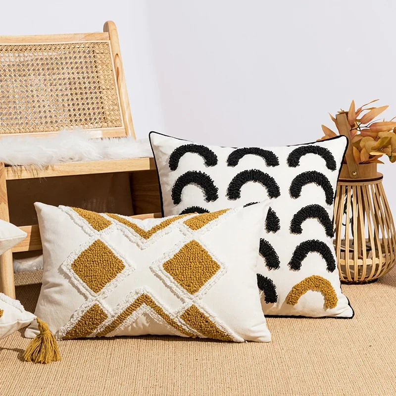 Boho Loop Tufte Cushion Cover Cotton Canvas Geometric Embroidery Decorative Pillow Cover for Sofa 45x45/30x50cm Throw Pillowcase image 3