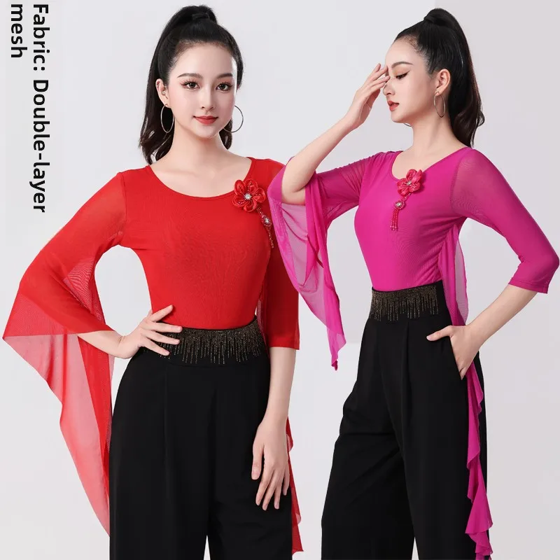 haut-de-danse-latine-manches-cloche-irregulieres-manches-midi-costume-de-spectacle-de-danse-moderne-tenue-de-danse-carree-en-maille-double-couche
