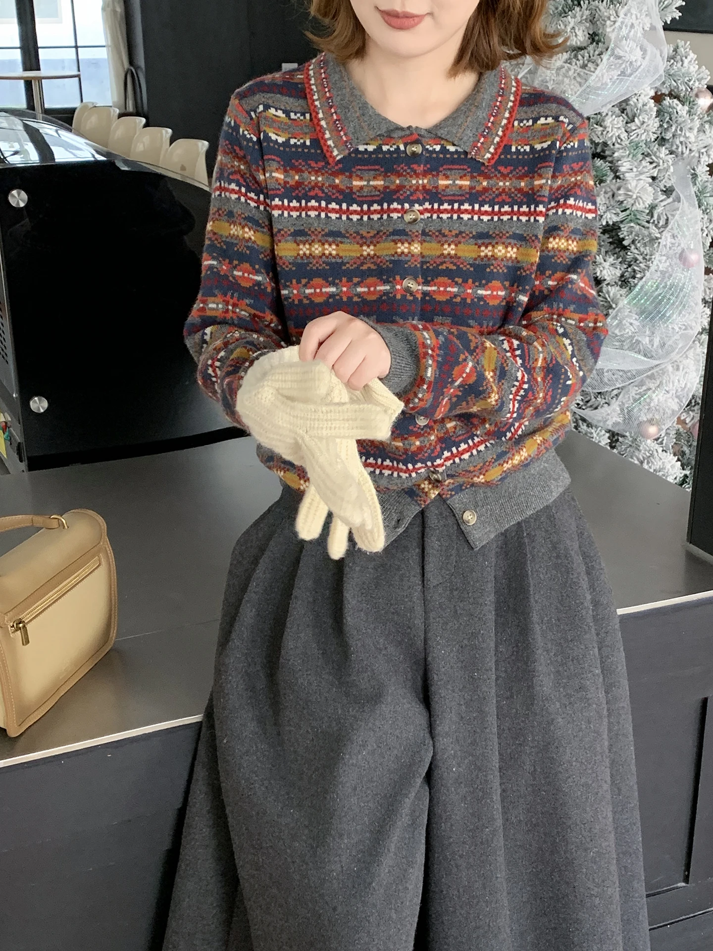 

ELINSU Ретро-кардиган в стиле Fair Isle с цветными блоками, вязаный, свободный, с длинными рукавами, модный, универсальный, женский свитер-жакет