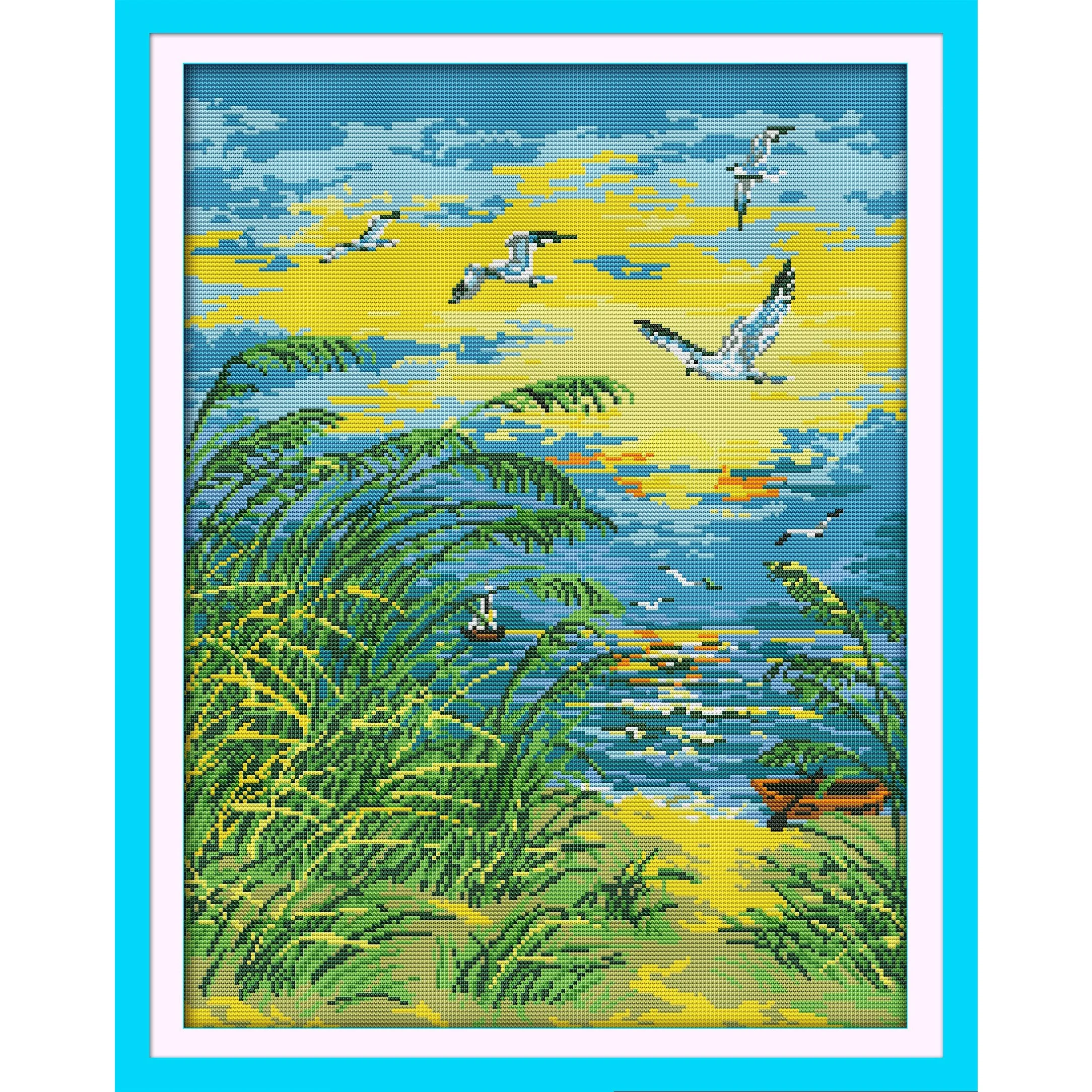 

Soulgift News Pre-Printed Cross Stitch Kit, Stamped Aida Fabric with DMC Threads, Embroidery Kit - Seaside Sunset