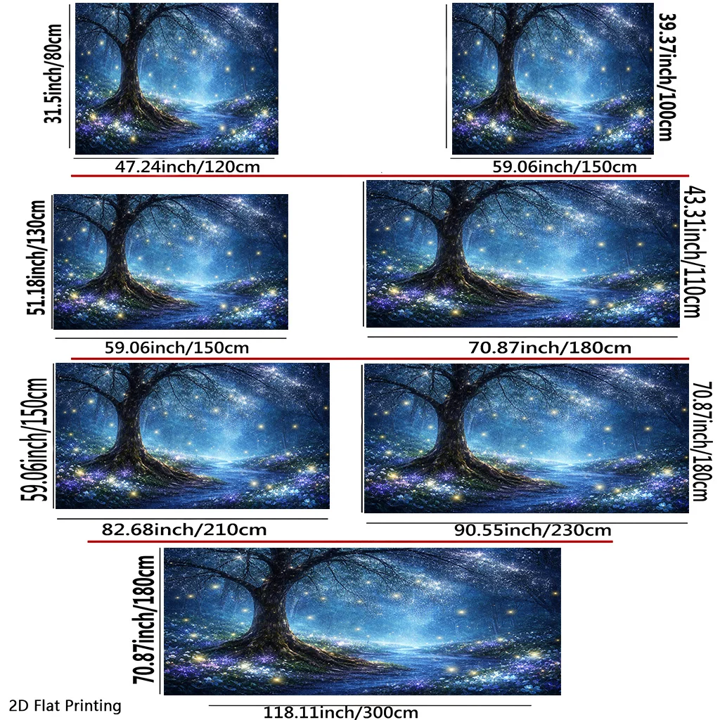 Mystical Galaxy Forest Tapestry Blue Wall Art Canvas Print Fantasy Woodland Tree Stars Night Sky Landscape Abstract Decor Planar