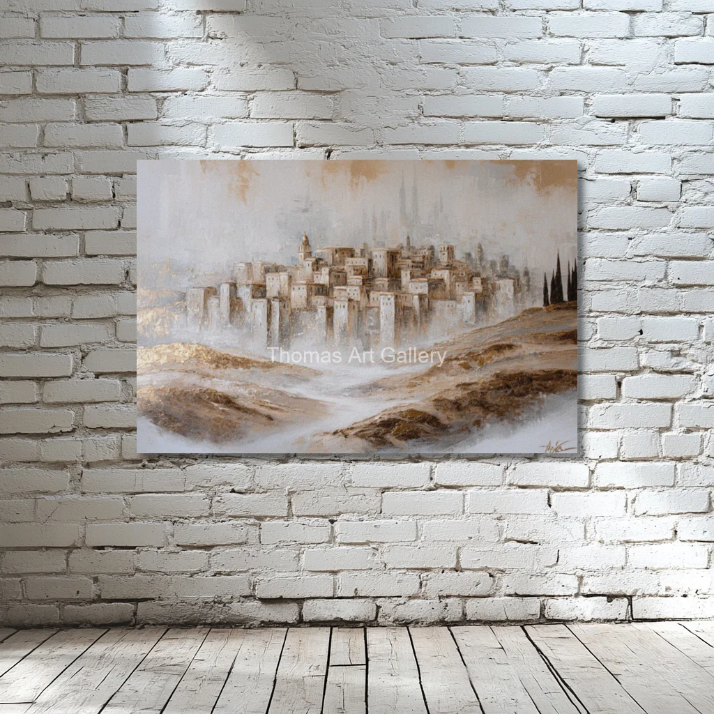 Large Contemporary Abstract Canvas Wall Art Jerusalem Old City Panorama Blue Gold HD Printed Painting Jewish Decor Dining Room
