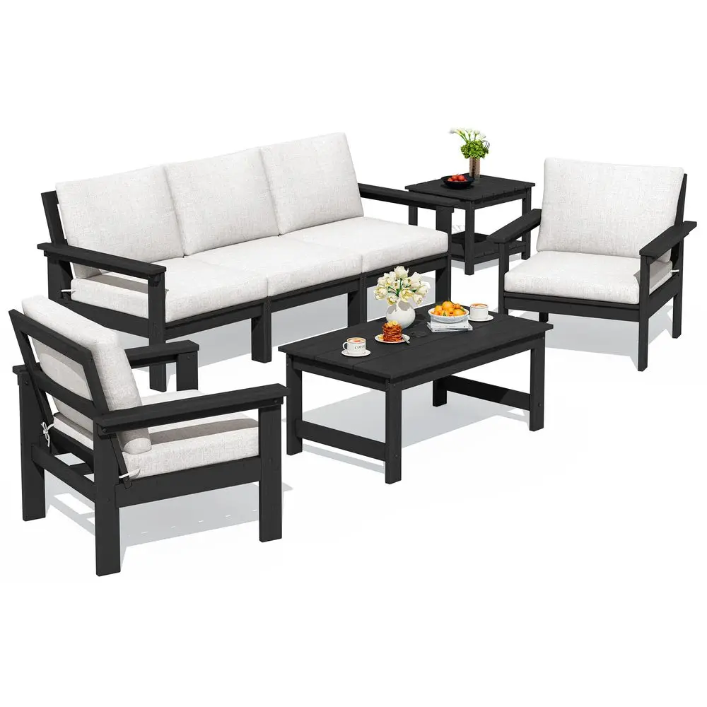 

HDPE Patio Furniture Set, 7piece Outdoor Sectional Sofa Set, All Weather Outdoor Couch Set for Deck, Lawn, Black Frame with Kha