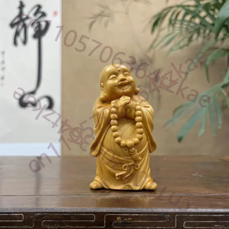 Wood Carving Laughlng Buddha Small Statue Chinese Characteristic Craftsmanship Home, Room, Office Attracting Wealth Decoration