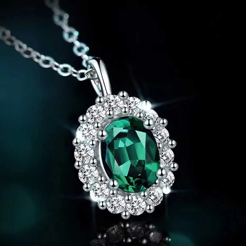 

Trendy 925 Silver Lab Grown Emerald Pendant Necklace for Women Plated White Gold Emerald Gemstone Clavicle Necklaces Gift