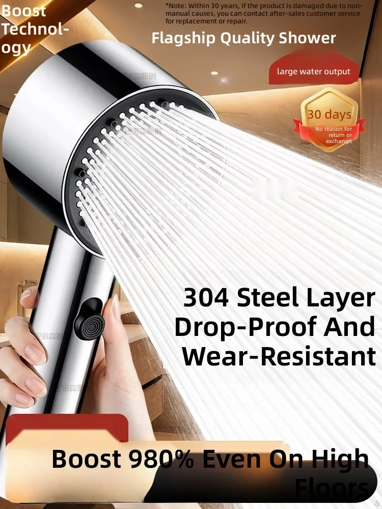 304 Stainless Steel Ultra-Strong Pressurized Showerhead—Government Subsidy Available—Bathroom Rainfall Shower with Enhanced W...