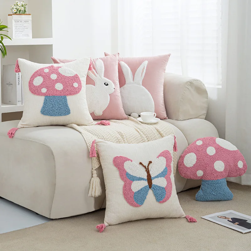 

Nordic Tufted Pillow Cover Cartoon Embroidery Chenille Velvet Cushion Case Home Decor with Mushroom Rabbit Design in Pink Blue