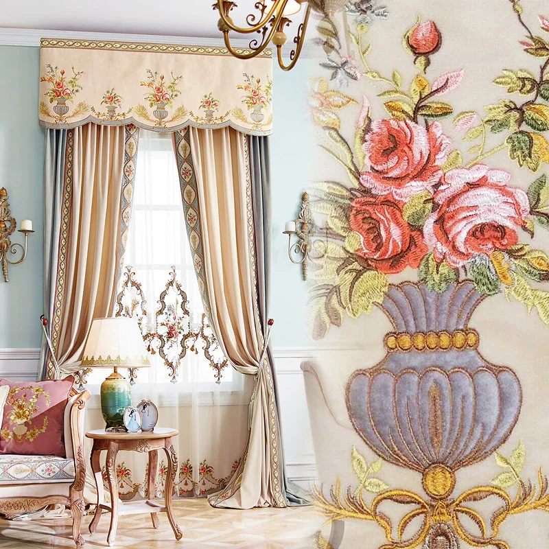 Luxury High-end French American Velvet Embroidered Lace European Villa Living Room Bedroom High Blackout Curtains Window Screens