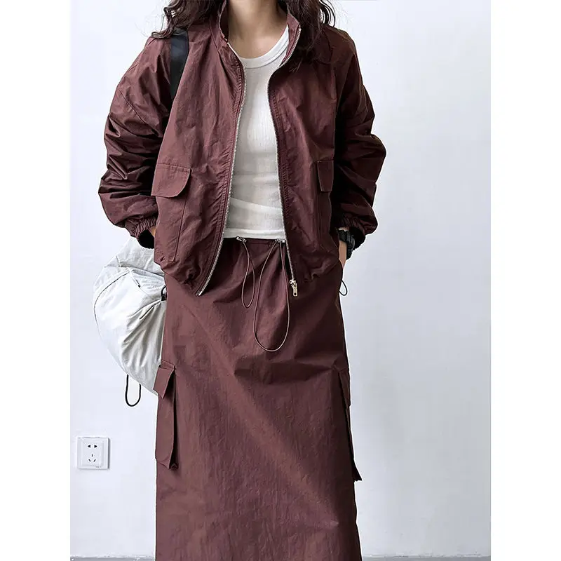 2025 estilo retrô americano jaqueta cortada + saia cargo com cordão conjunto y2k vintage desportivo roupa de duas peças terno casual feminino