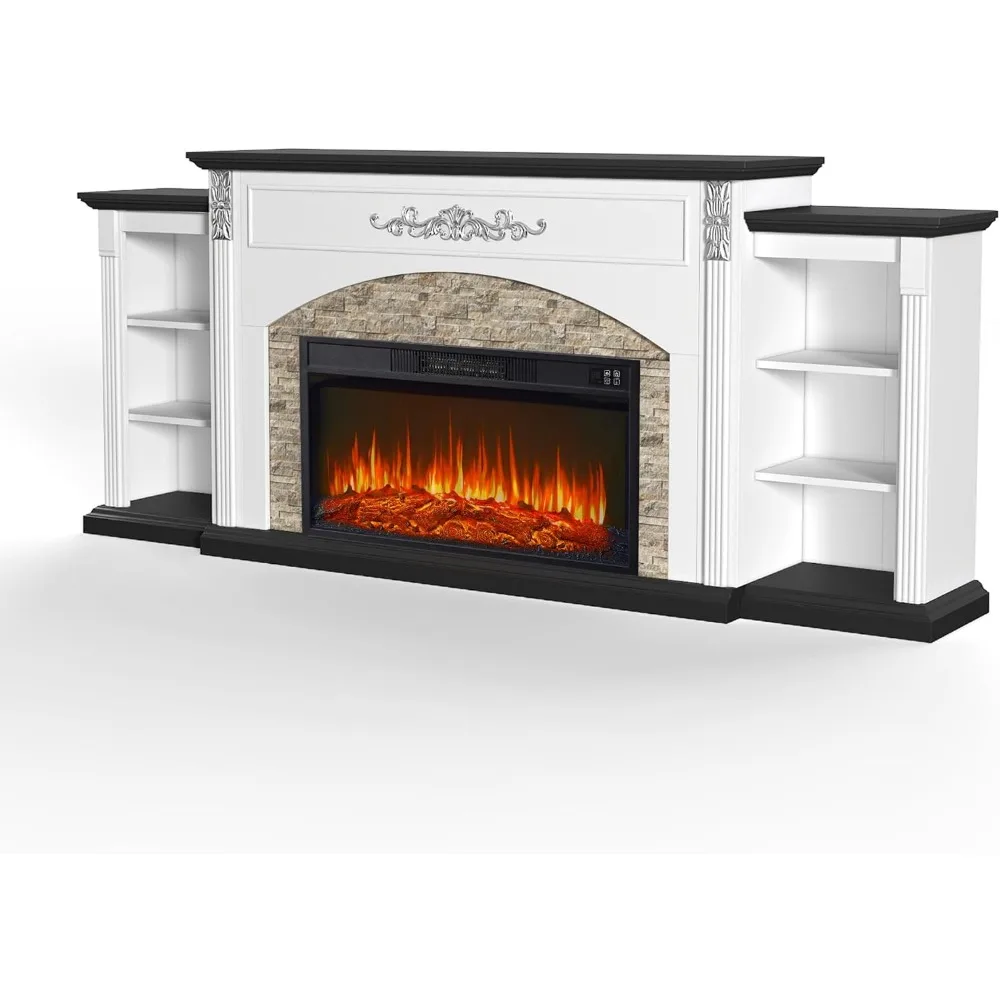 90 Inch TV Electric Fireplace with Mantel, 30 Inch Insert Heater for Living Room, White