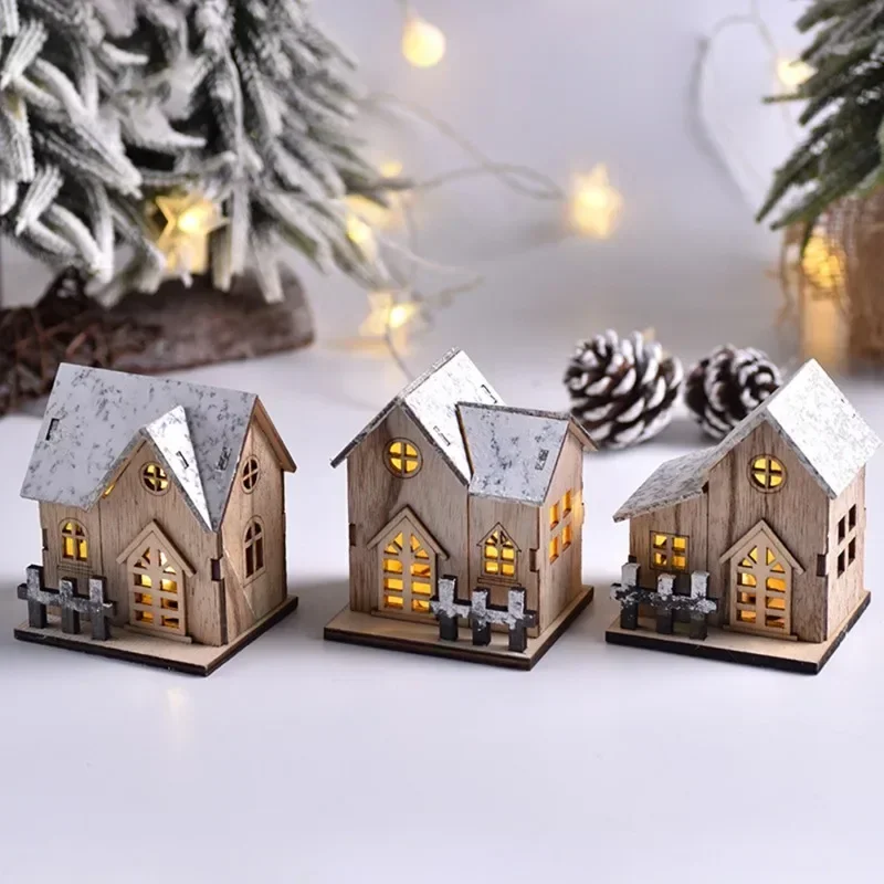 1 Set Christmas Village LED Light Wooden House Luminous Cabin Decorations for Home DIY Xmas Tree Ornament New Year 2024 Kid Gift