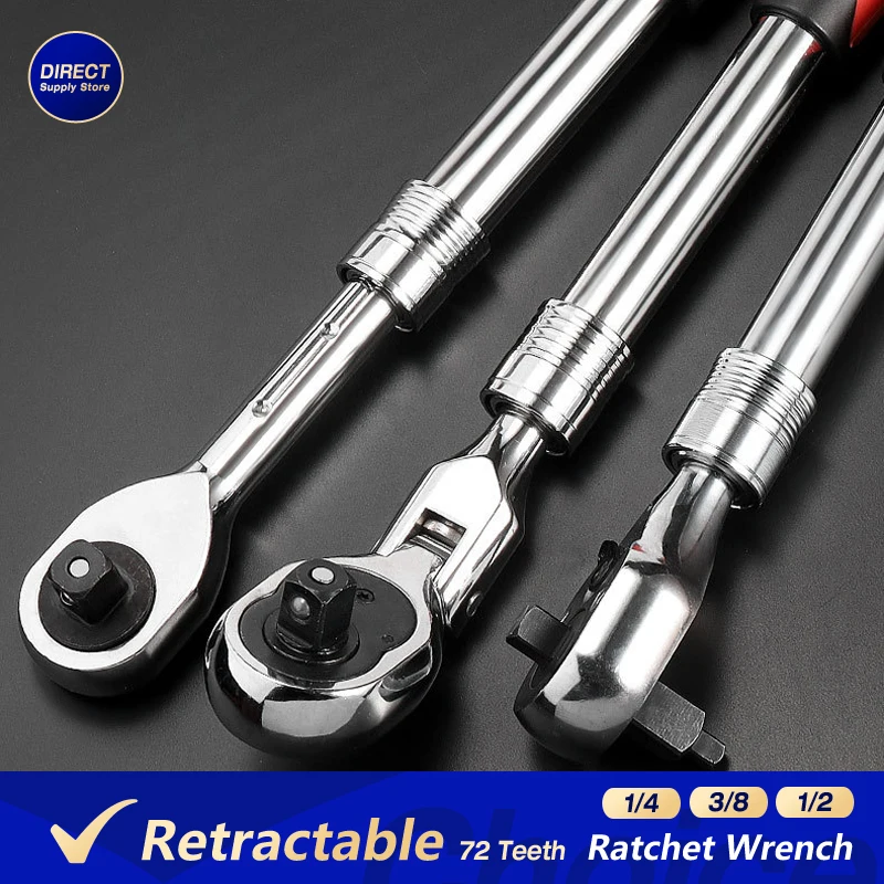 1/4 1/2 3/8 72-Tooth Carbon Steel Retractable Ratchet Wrench Automatic Quick Release Spanner Multifunctional Hand Tool