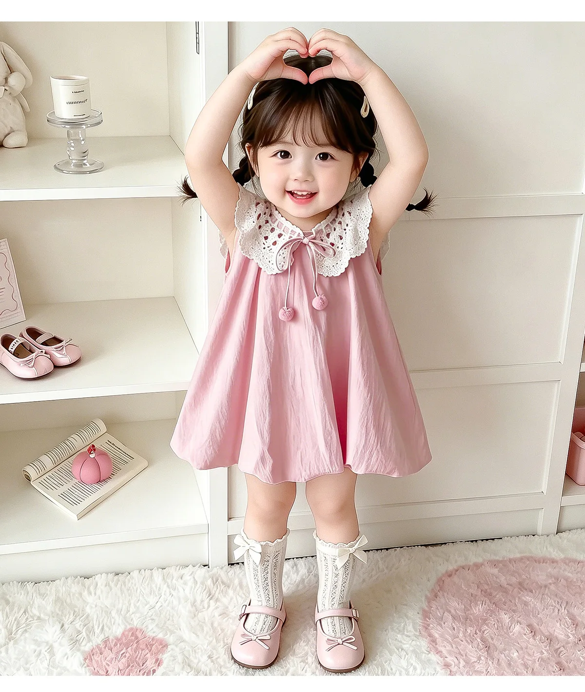 Girls Vest Dress 2026 New Summer Dress for Baby Girls Stylish Hook Flower Peter Pan Collar Sweet Princess Flower Bud Dress