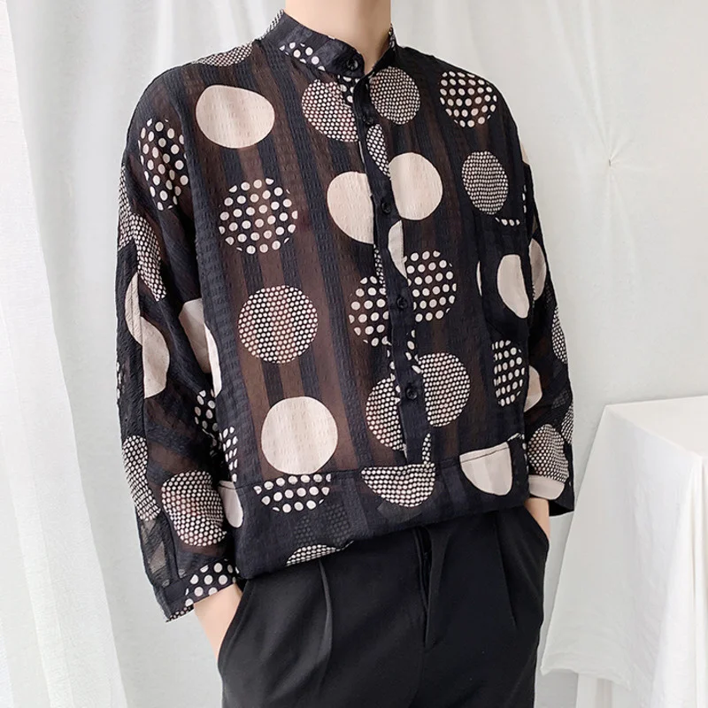 2023 Fashion Men Shirt Polka Dot Mesh Transparent Long Sleeve Streetwear Party Nightclub Shirts Sexy Casual Camisa