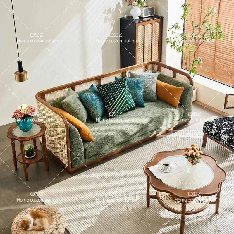 Nordic 3 Seater Simple Modern Solid Wood Rattan Sofa Leisure Couch For Small Apartment Living Room Homestay