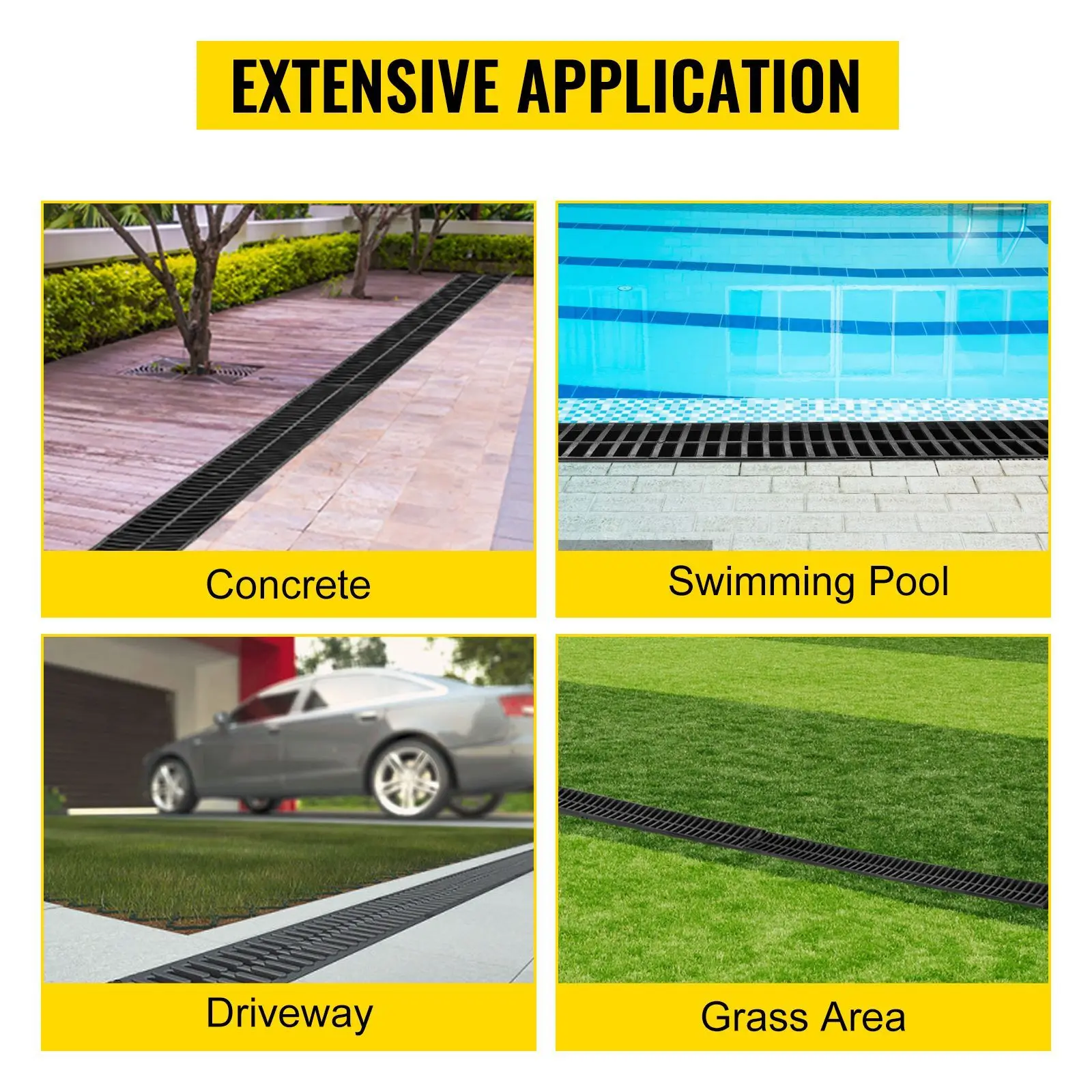 Trench Drain System, Channel with Plastic Grate, 5.7x3.1-Inch HDPE Drainage, Black Garage Floor, 5x39, 5 End Caps, for Garden