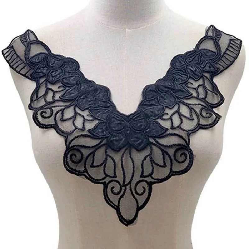 

2 шт. Корсаж из черной лоскутной ткани с вышитым воротником и искренной сетевой аппликацией, с искусственным воротником с вышивкой