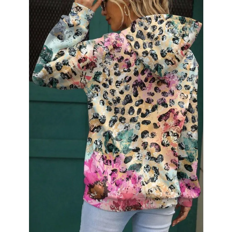 Sudadera con capucha informal con bolsillo y estampado de leopardo para mujer, Tops de talla grande 1XL-5XL, otoño