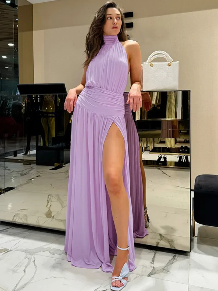 

Halter Backless Split Sexy Maxi Dress For Women Fashion Off-shoulder Sleeveless Pleated Club Party Long Dresses Female