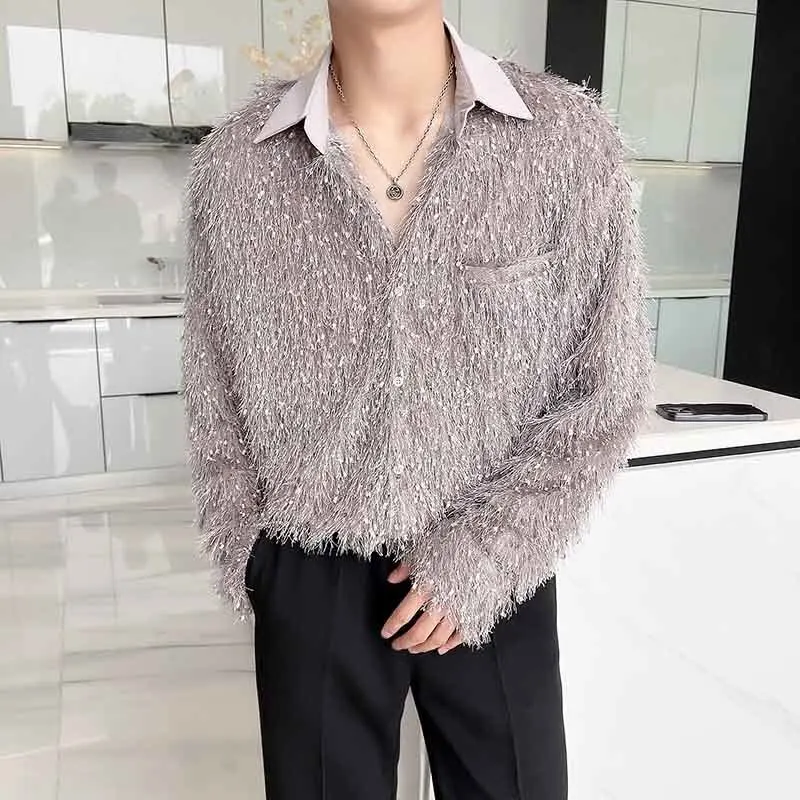 IEFB Elgance Men\'s Shirts Fashion Tassels Niche Design Long Sleeve Top Solid Color Personality Clothing 2023 Korean Style 9C2939